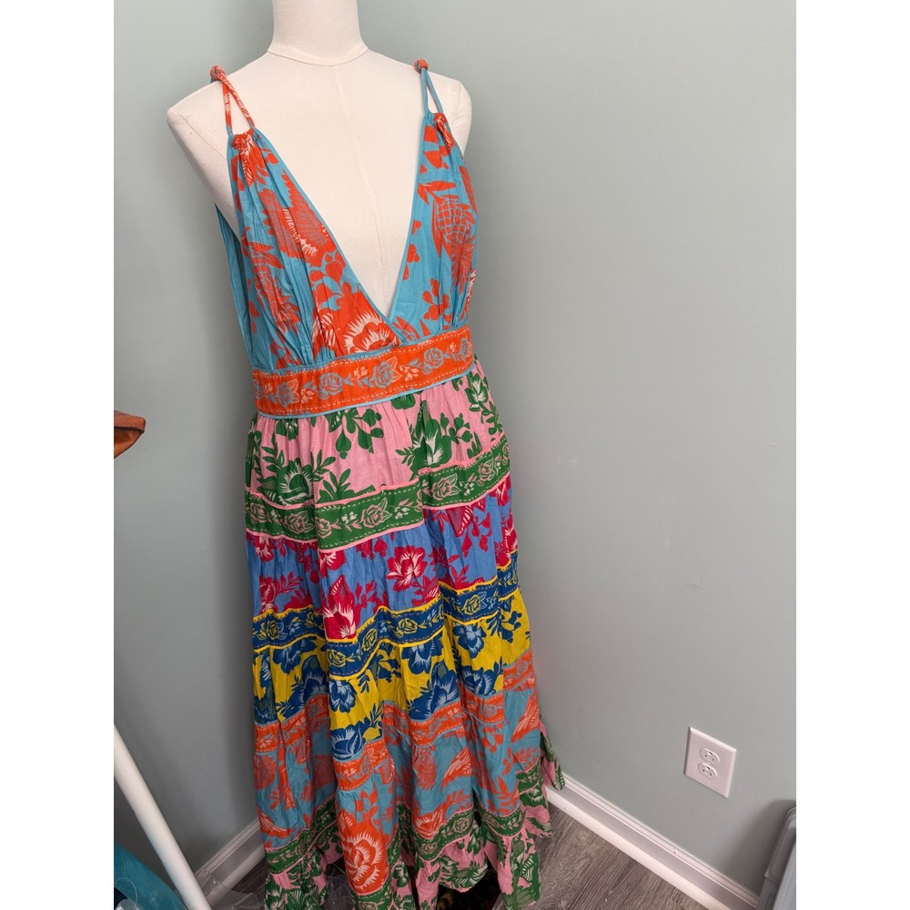 Farm Rio XL Tropical Floral Tiered Maxi Dress V-Neck Sleeveless Multi-Color
